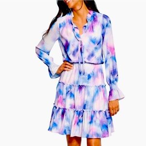 New Ellen Tracy L/S tiered boho ruffles dress. Purple/blue pastels Large